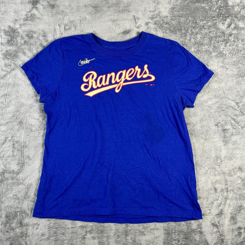 Nike T Shirt Womens Medium Royal Blue Texas Rangers Baseball MLB Graphic Logo